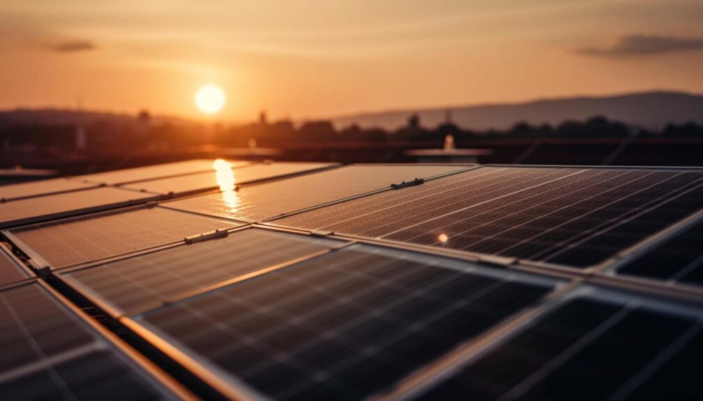 Close up of solar panels at the sunset