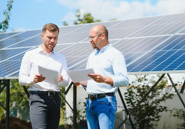 Two men with papers in their hands talking against the backdrop of solar panels