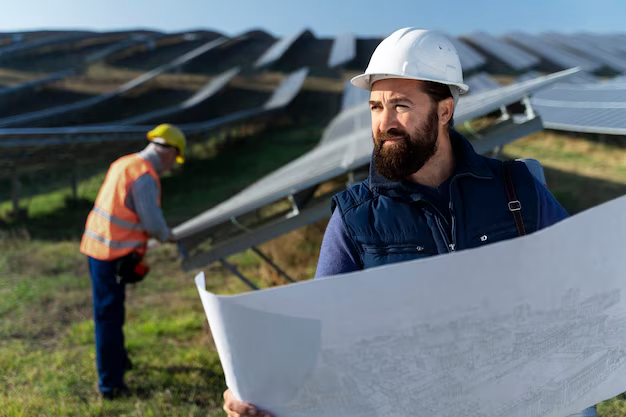 A man in a helmet holds a map in his hands, in the background another man checks solar panels