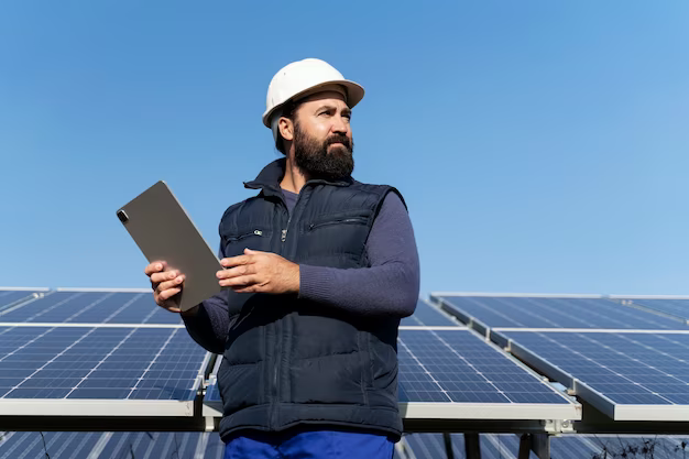 A man in a helmet holds a tablet in his hands against the background of solar panels