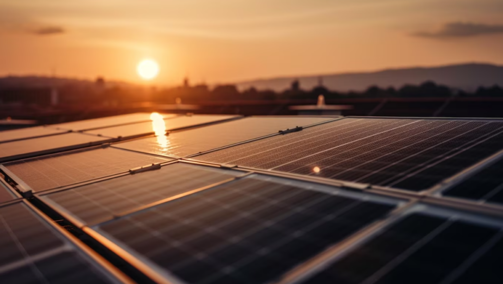 Sun-powered panels in the sunlight, trees, and mountains in the background