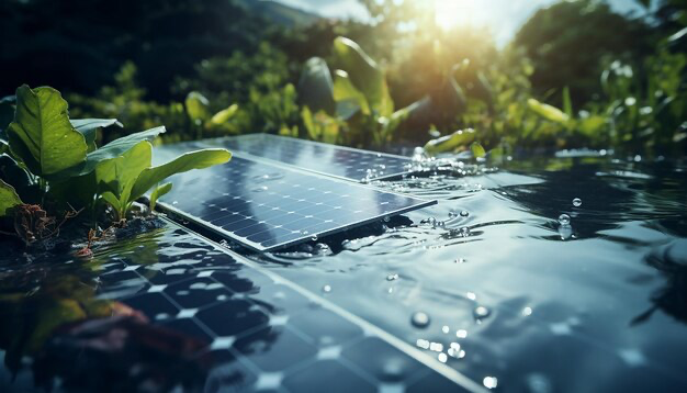 Solar panels surrounded by nature and water