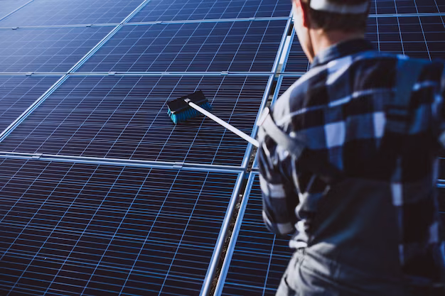 Man cleaning solar panels with mop