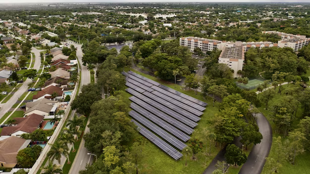 Aerial photo of solar panels cascading in a field in Florida