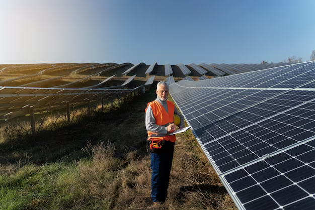 A man in an orange vest with a folder in his hands among a field of solar panels