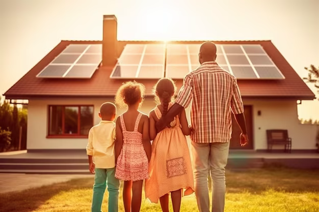 Rear view of a family standing in front of a house with solar panels